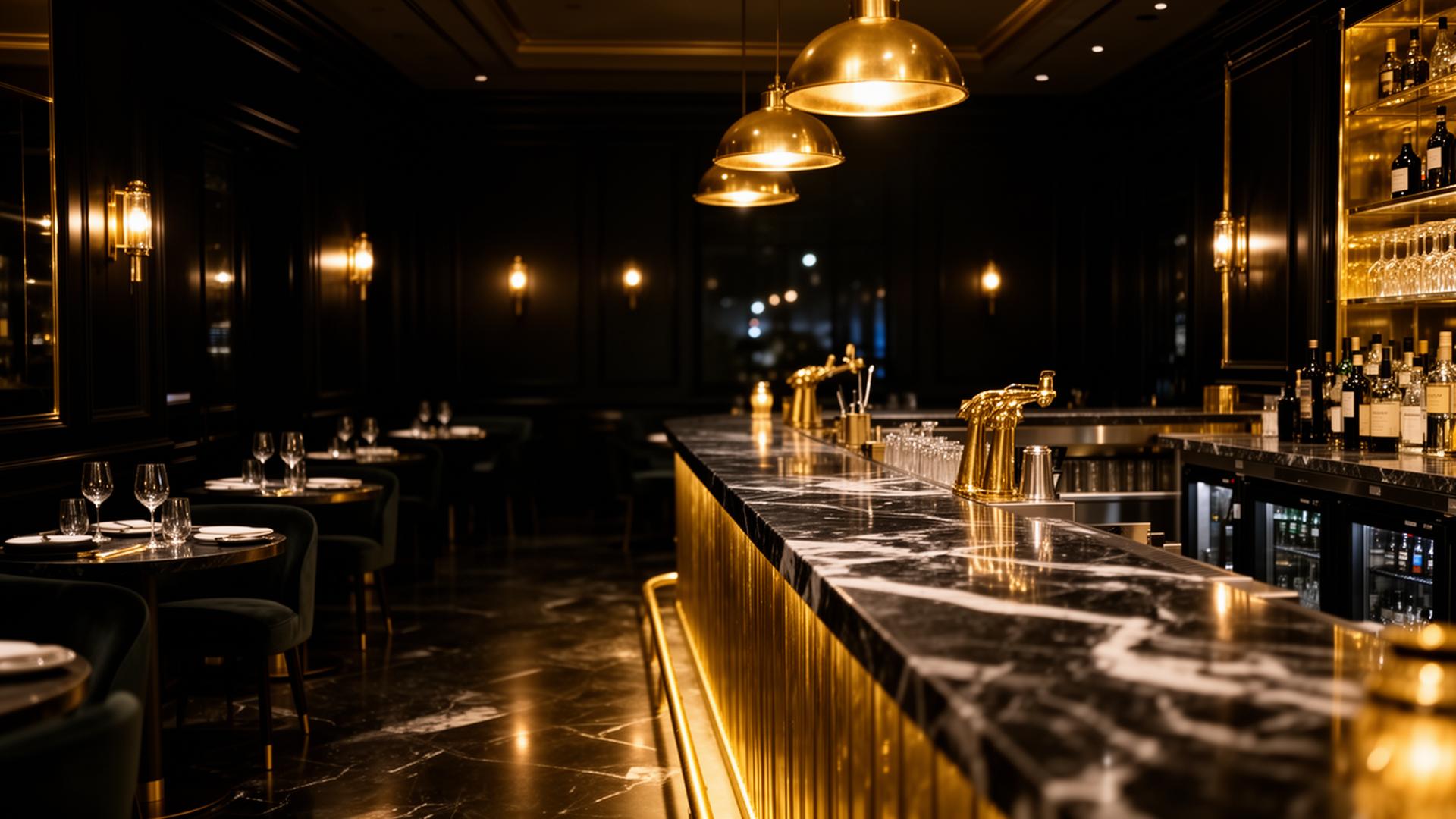 Luxury restaurant interior with golden lighting